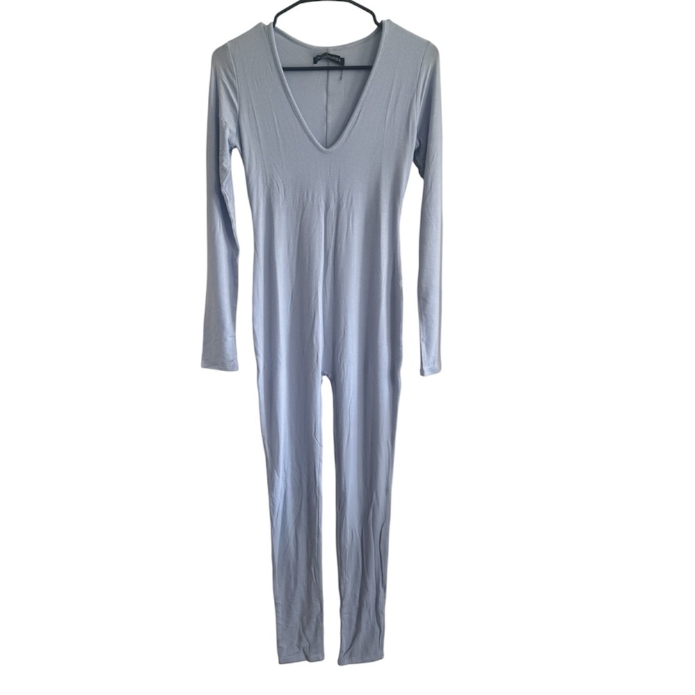 NWT Naked Wardrobe Light Blue Jumpsuit M V Neck Bodycon Full Length - Picture 7 of 9